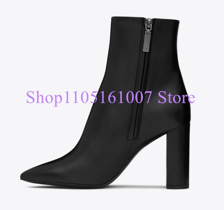 

Black Leather Chunky Heel Woman Ankle Boots Fashion Pointed Toe Thick Heel Lady Short Booties Female Large Size Banquet Shoes