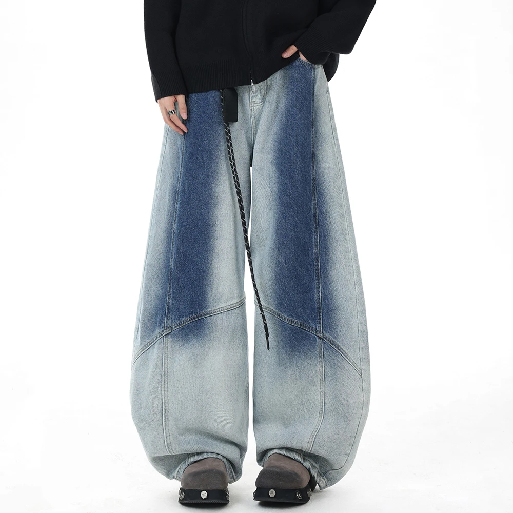 Gradient Washed Denim Jeans Men Women Loose Casual Streetwear Wide Leg Vintage Denim Baggy Machete Pants Jeans Trousers