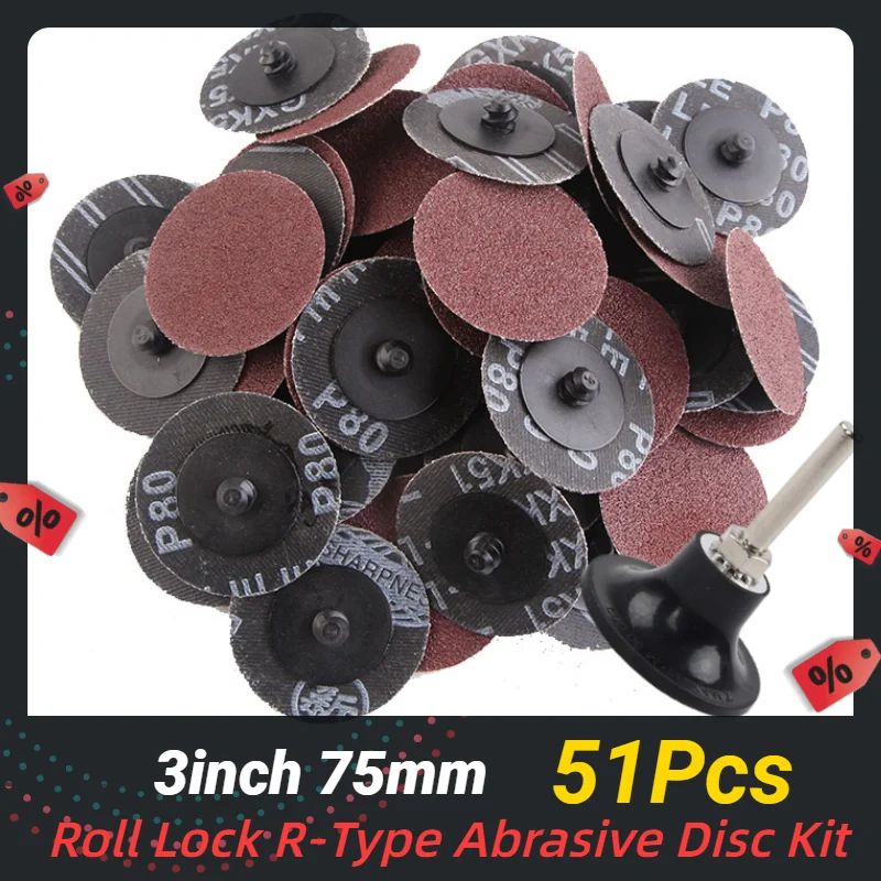 

51PCS 3Inch 75mm Roll Lock R-Type Quick Change Discs Red Grain Sanding Disc Metal Surface Conditioning Die Grinder Accessories