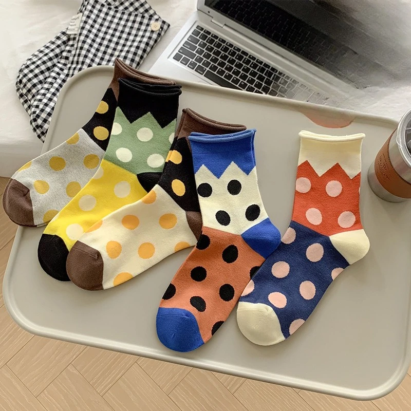 5 أزواج من الجوارب المريحة ذات اللون الحلوى، جوارب متوسطة الطول، حواف ملفوفة، نقاط مطابقة الألوان، جوارب عصرية #1