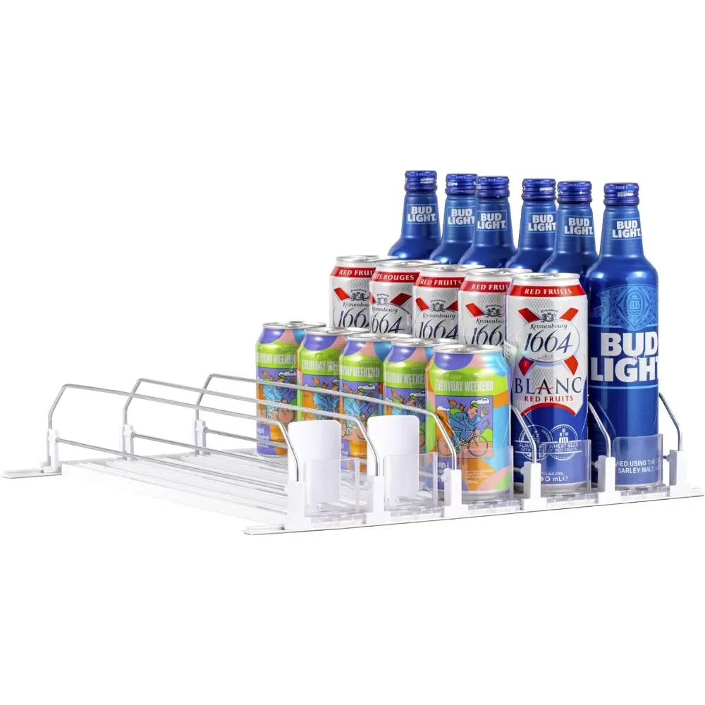 Width Adjustable Beverage Pusher Glide, Beer  Can Water Bottle Storage for Pantry, Kitchen-White, 5 Rows, 16.2