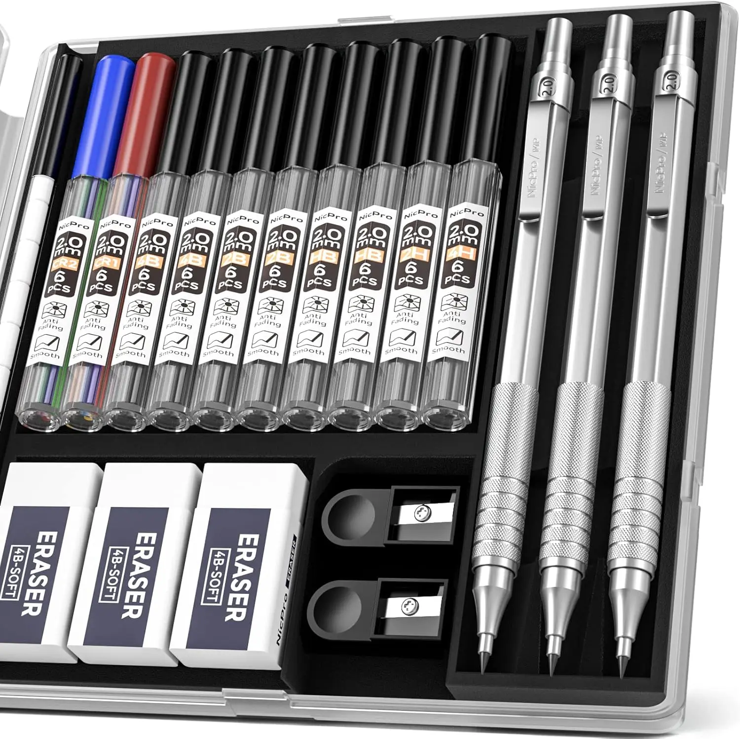 

Professional 2.0mm Mechanical Pencil Set with Case, 3 Pencils, 10 Lead Tubes, Sharpeners & Erasers for Drawing Drafting