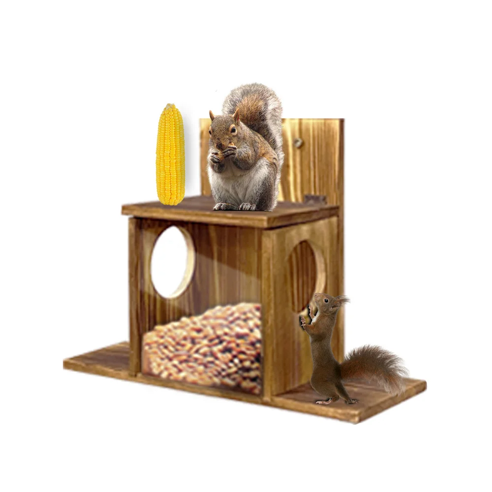 Garden Wooden Squirrel Feeder Food Storage Box Hanging Station with Lift-Up Lid for Outdoor Winter Outside Backyard