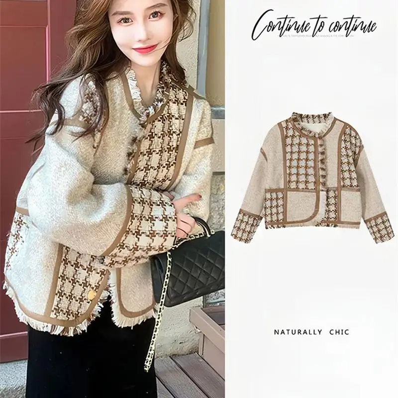 Xiaoxiangfeng Coarse Tweed Jacket for Women's 2024 Autumn/Winter new Tassel Patchwork Design Bird Pattern Jacket Cardigan top WF