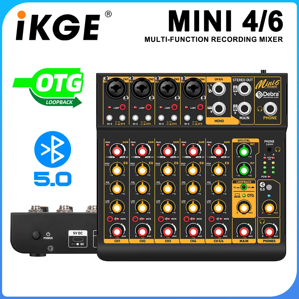 IKGE Mini4 Mini6 4/6 Channel Audio Mixer, DJ Mixer with Bluetooth 5.0 OTG Reverb 48V Sound Card for PC Recording, Webcasting