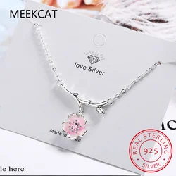 925 Sterling Silver Pink Cherry Blossom Necklaces Fashion Daily Jewelry Flower Pendant Necklace Colar de Prata S-N437