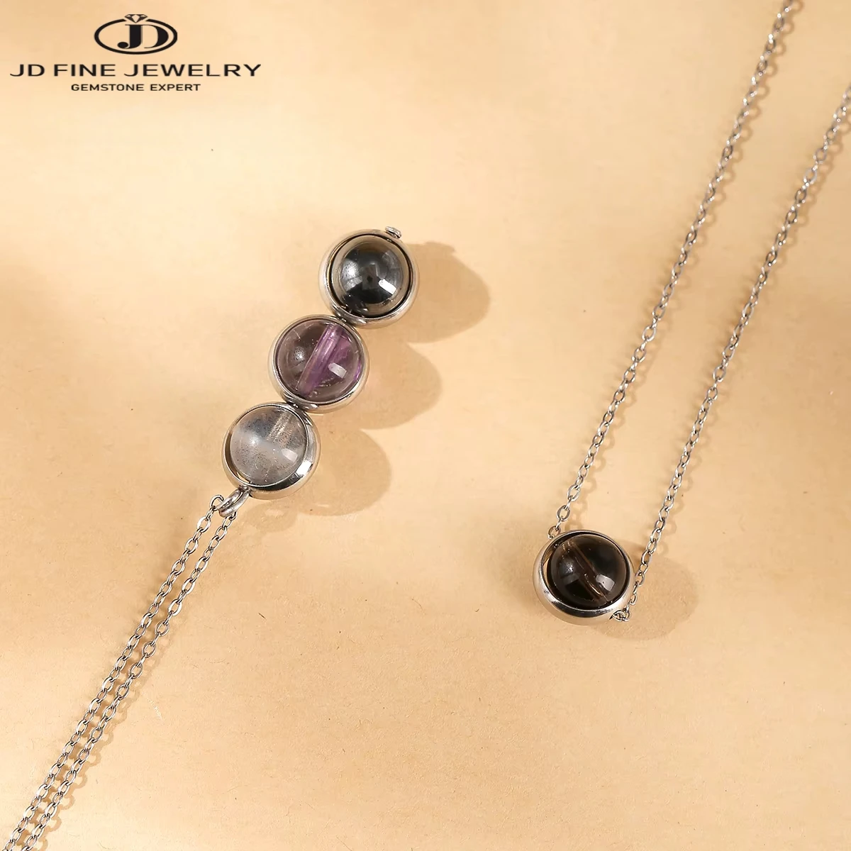 JD الحجر الطبيعي جمشت سموكي الكوارتز قلادة بها خرزات مستديرة قلادة المرأة موضة الفولاذ المقاوم للصدأ سلسلة المختنق مجوهرات هدية حفلة #1