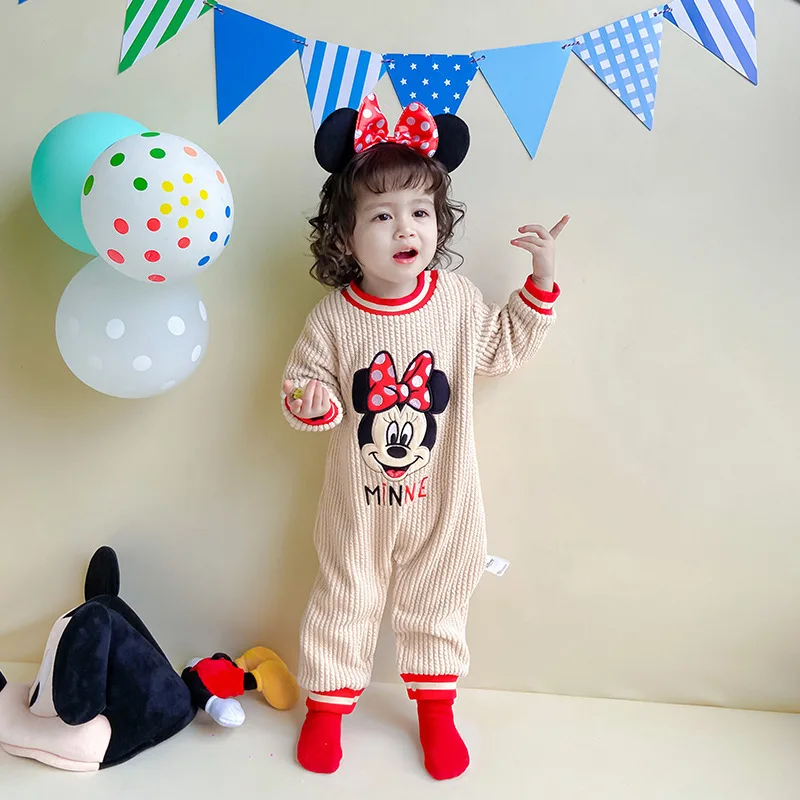 Disney New Daisy Smiling Minnie Winter Thickened Warm Baby Onesie Going Out Romper Climbing Infant Outfit 0-1 Years Bodysuits