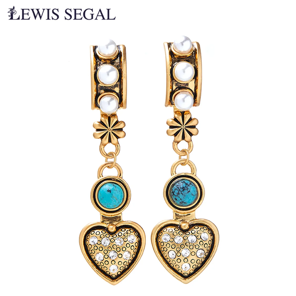 LEWIS SEGAL Medieval 18k Jewelry Heart Vintage Earring for Women Turquoise Pearl And Rhinestone Embellishment 18K Gold Plated