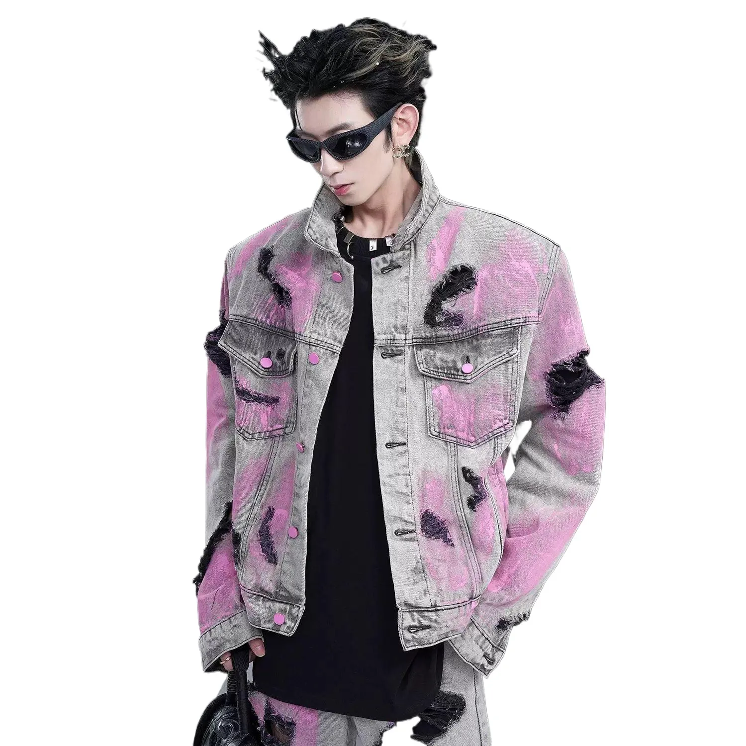 Men's Fashion High Street Destroyed Graffiti Jeans Jacket Streetwear Ripped Vintage Tie Dye Denim Coat Outerwear With Holes