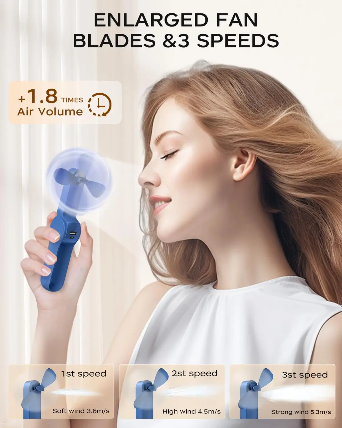 พัดลมมือถือแบบพกพาแบบชาร์จไฟได้, พัดลมพกพาขนาดเล็กแบบชาร์จ USB, แบตเตอรี่ 2000mAh พร้อม Power Bank, แบตเตอรี่ Li ยาวที่ได้รับการอัพเกรด