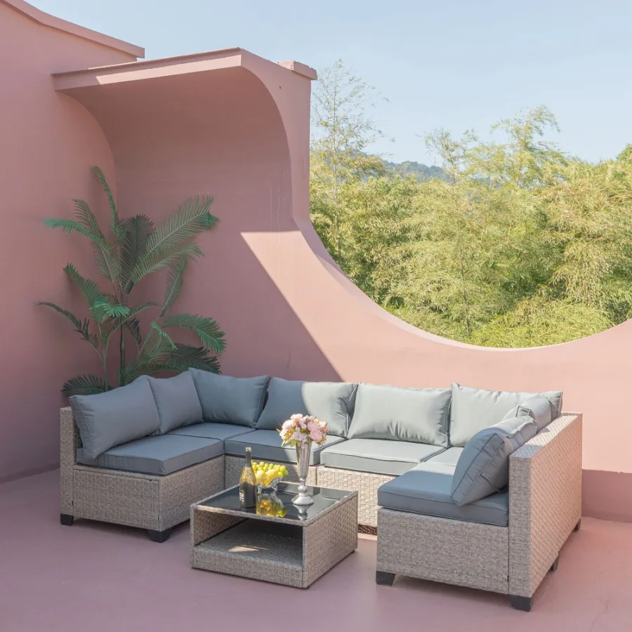 

7Piece Patio Furniture Set AllWeather Boho Outdoor Conversation Set Sectional Sofa with Water Resistant Grey Thick Cushions