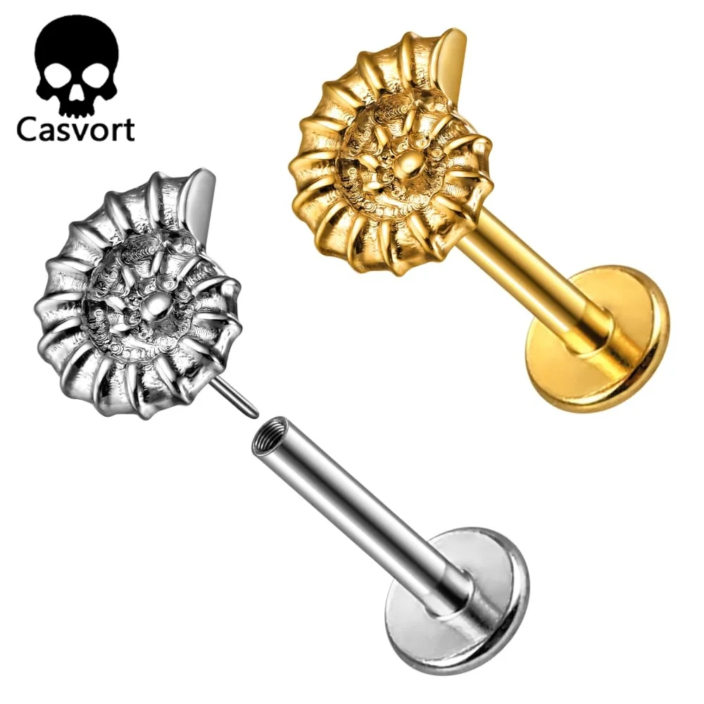 Casvort 1 шт. ASTM F136 Титановые пирсинг-украшения в форме раковины Наутилус, плоские, безрезьбовые, с внутренней резьбой, 18G 16G, лабрет, спираль, амонит