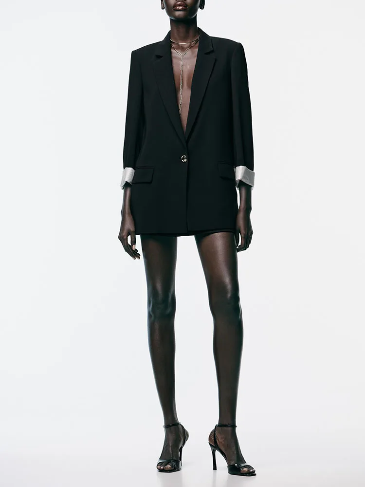 

New Autumn 2025 Women's Printed Suit Jaet with oulder Pads Casual Sle Long Sve Flat Collar Single Button Closure