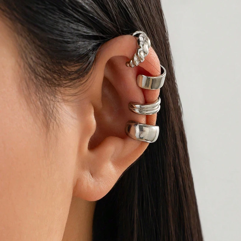 Y2K Vintage Metallic Ear Cuff Pack, Twisted & Multi-layered Non-pierced Ear Wrap, Gothic Streetwear Clip On Ear Accessories