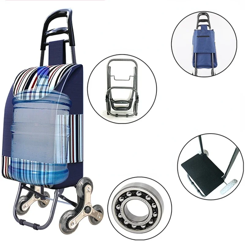 Portable Shopping Cart Trolley Shopping Storage Bag with Wheels Folding Bearing Sturdy Stair Climbable Grocery Navy Blue Cart