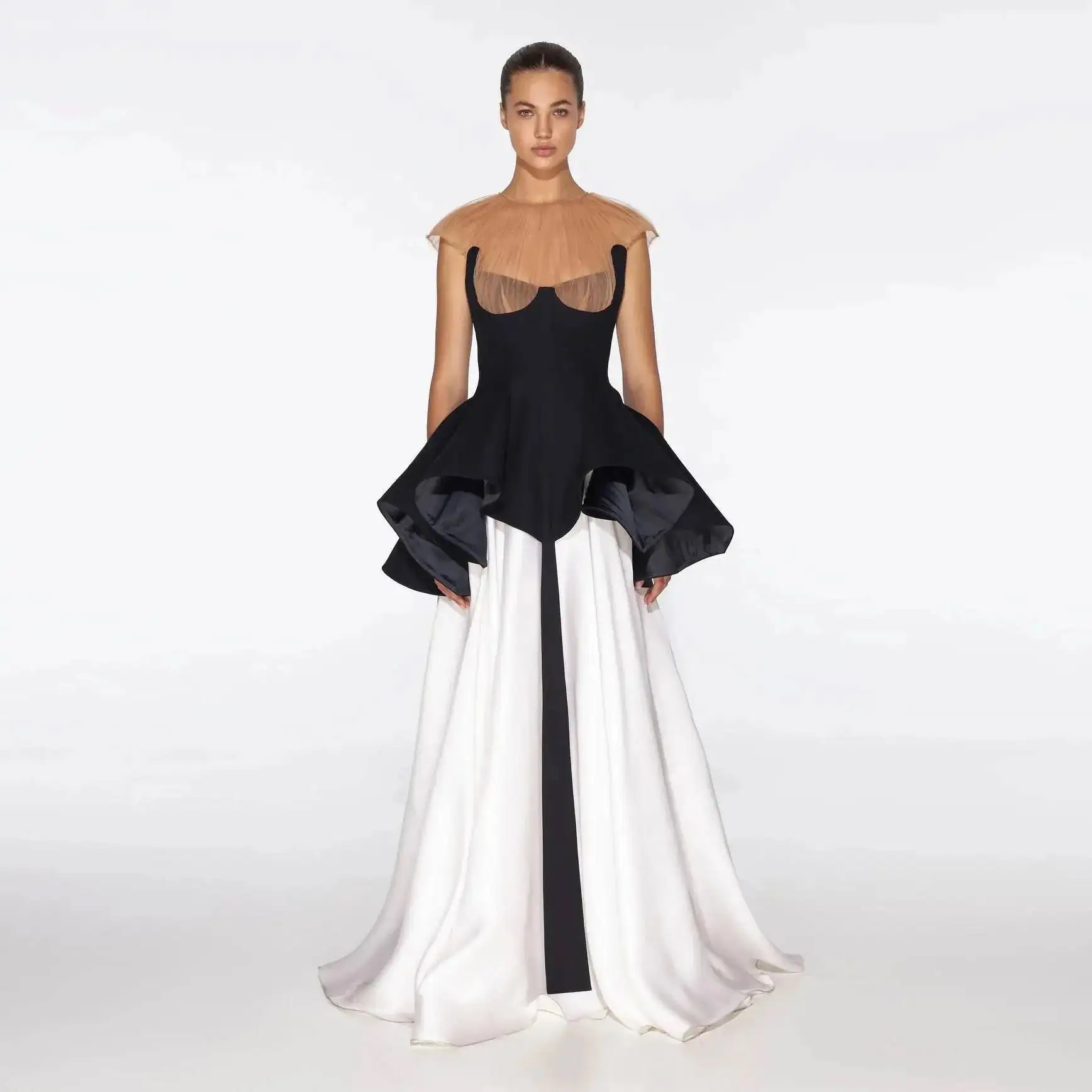 

2025 To Party vestido de festa Sheer Neck Formal Dress Elegant Ruched Ruffles Long Women Dresses Black White Tulle Prom Gowns
