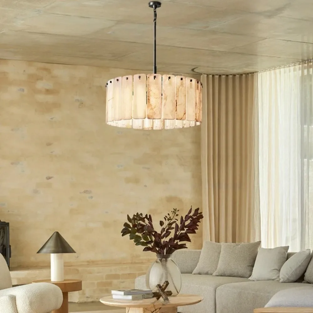 Round Marble Texture Hanging Lamp With Alabaster Finish Modern Chandelier For Living Room And Bedroom And Home Decor