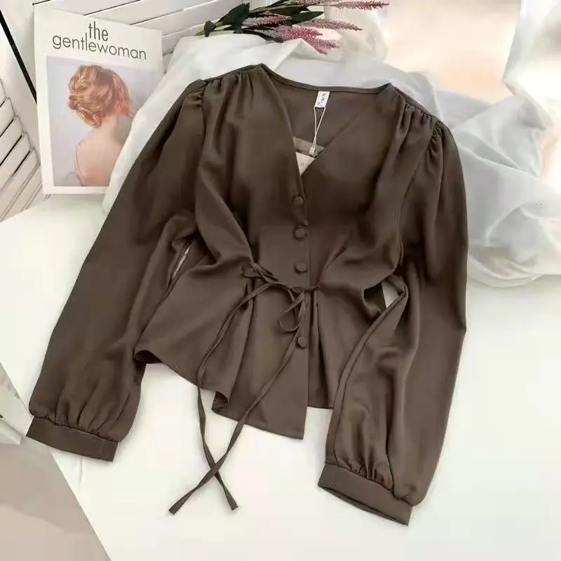 Spring Summer New Irregular Chiffon Blouse V Neck Solid Color Loose Lacing Shirt Tops Simplicity Fashion Women Clothing