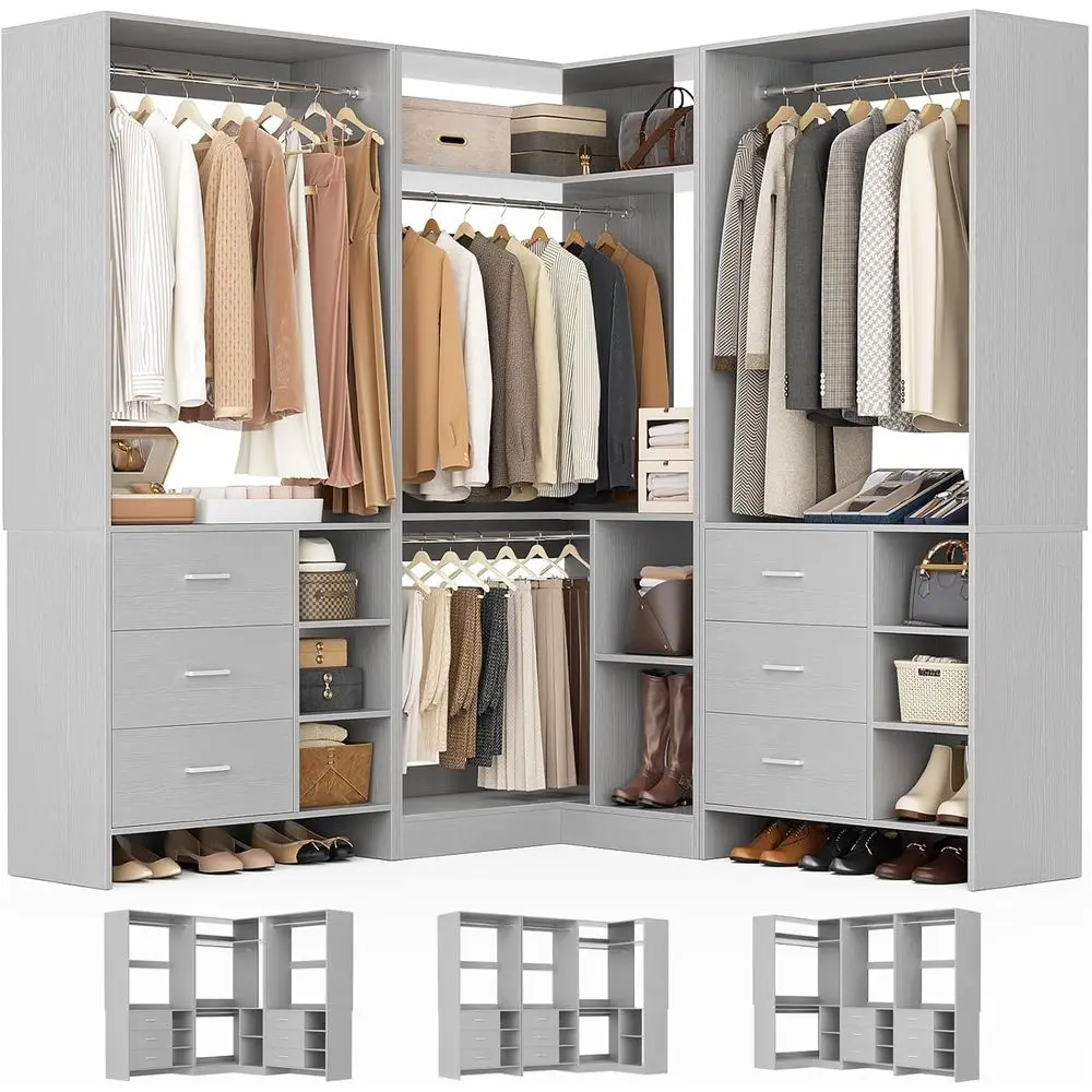 

6-Drawer 4-Rod Tower Closet System, 92.6 L-Shaped Walk-In Organizer, 2000+ lbs Capacity, Set of 3, Grey
