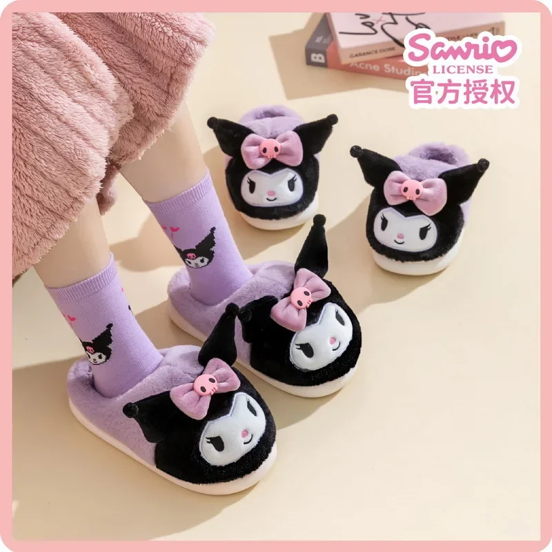 Sanrio Cartoon Kawaii Autumn and Winter HelloKitty Cinnamoroll Kuromi Children\'s Cotton Slippers Girls Thick Warm Home Slippers