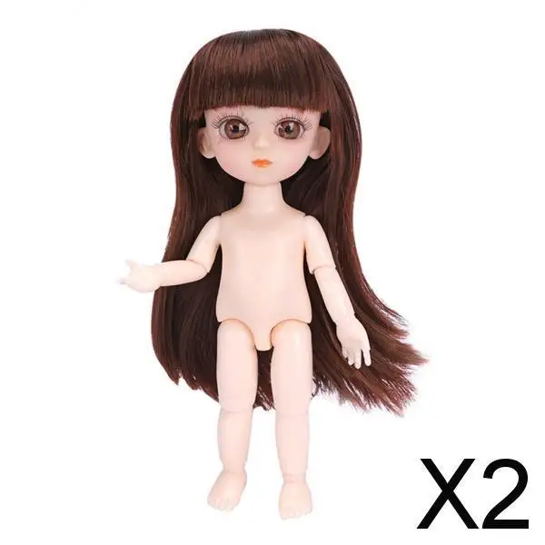 2xFlexible 16cm 13 Jointed 1/12 Mini Girl Doll Nude Body Brown Straight Hair