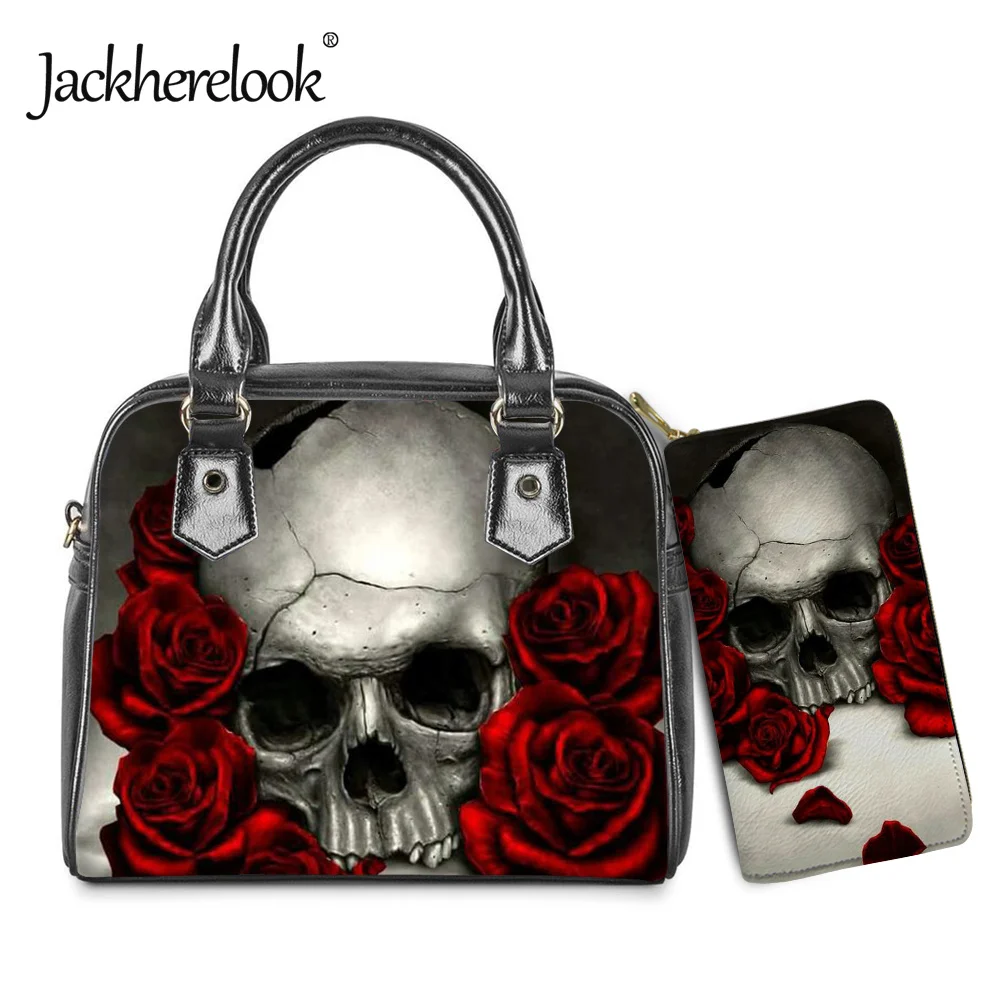 

Jackherelook 2Pcs/Set Skull & Rose Women Luxury PU Leather Cross Body Bags Ladies Handbag Wallet Messenger Bag 2022 Bolso Mujer