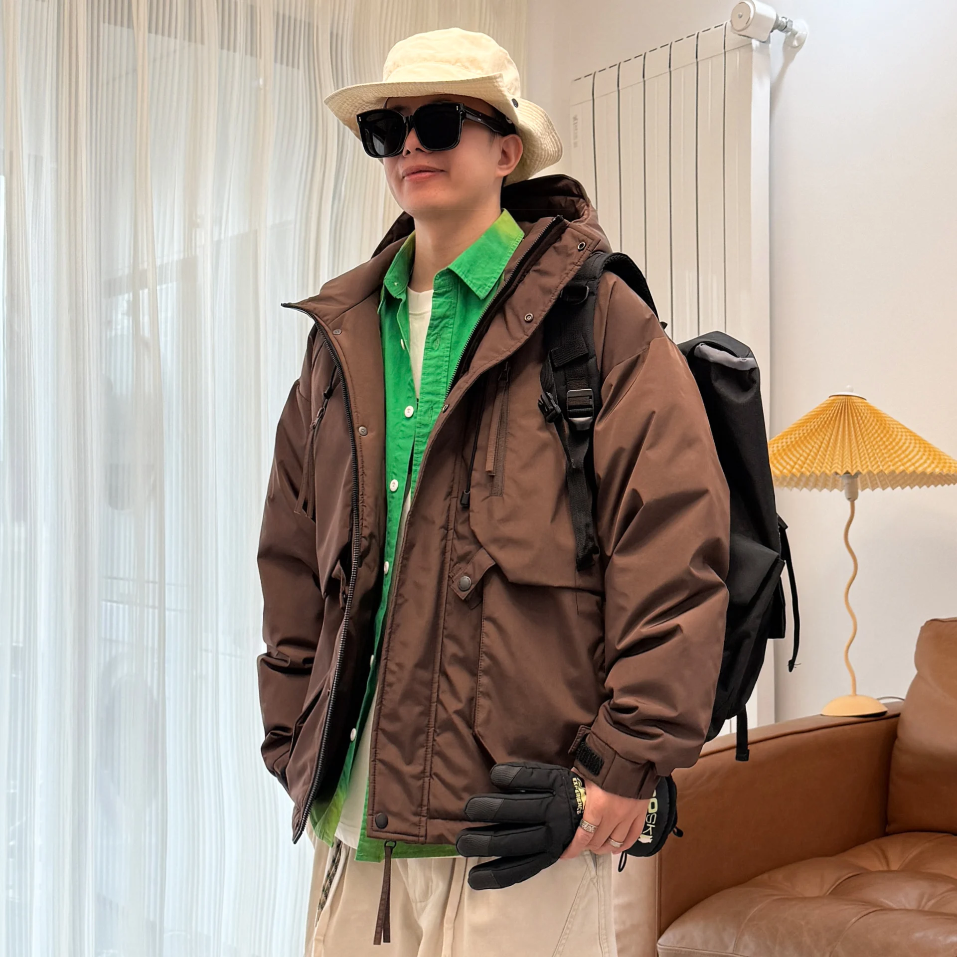 

Cé Brown Hooded Men's down Jaet Large Size Extra Fat Multi ket Youth Loose Fit Trendy Outerwear Urban Casual Sle