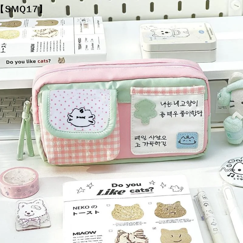 Japanese Style Large Capacity Cute Cartoon Cat Plaid Pencil Case Multi-layer Multi Functional Storage Bag Stationery Bag【SMQ】