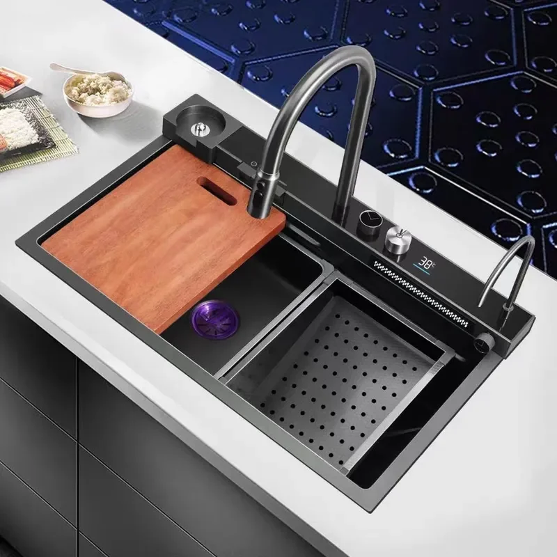 for Feiyu 304 Stainless Steel Kitchen Sink with Digital Display Handmade Large Single Bowl Vegetable Basin Waterfall Faucet
