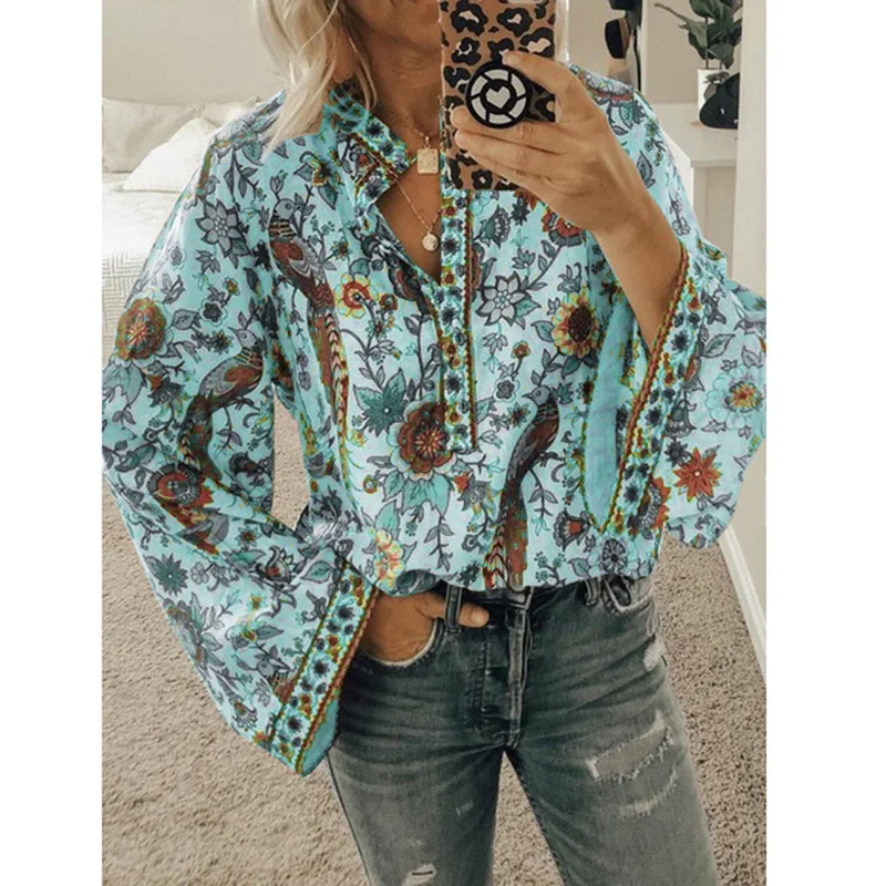 Vintage Blouse for Women 2023 Summer V Neck Long Flare Sleeve Floral Print Shirts Casual Loose Office Lady Blouse Tops S-5XL