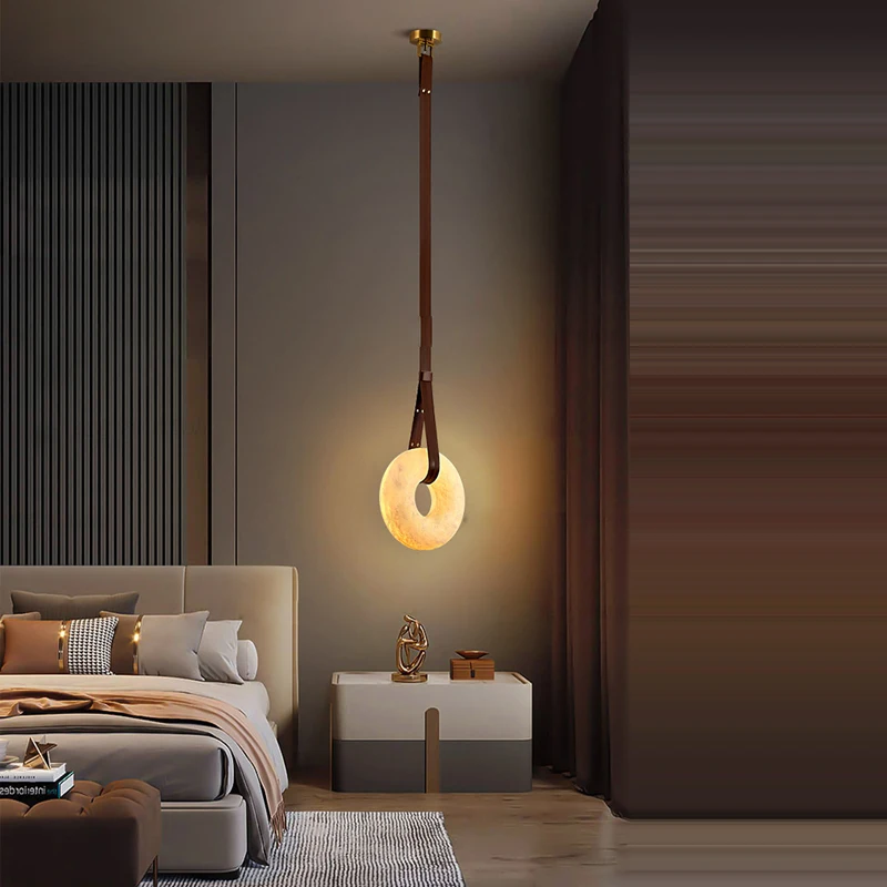 

LED Postmodern Marble Ring Brown Dark Leather Belt Chandelier Lighting 2024 New Trend Lustres Hanging Lamps For Bedside