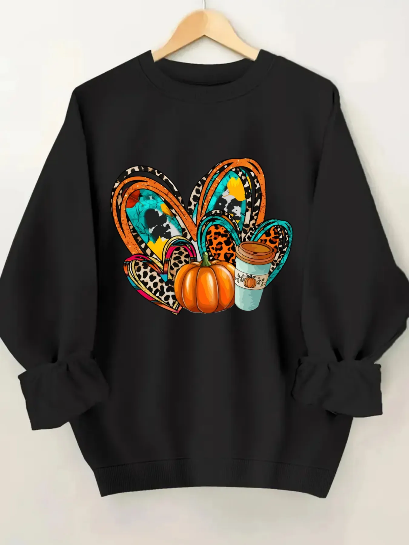 Women's Crew Neck Pullover Sweatshirt Leopard Print Pumpkin Design, Soft Casual Long Sleeve, Daily Casual Top Outfit, Winter Women's Clothing, Thanksgiving Outfit