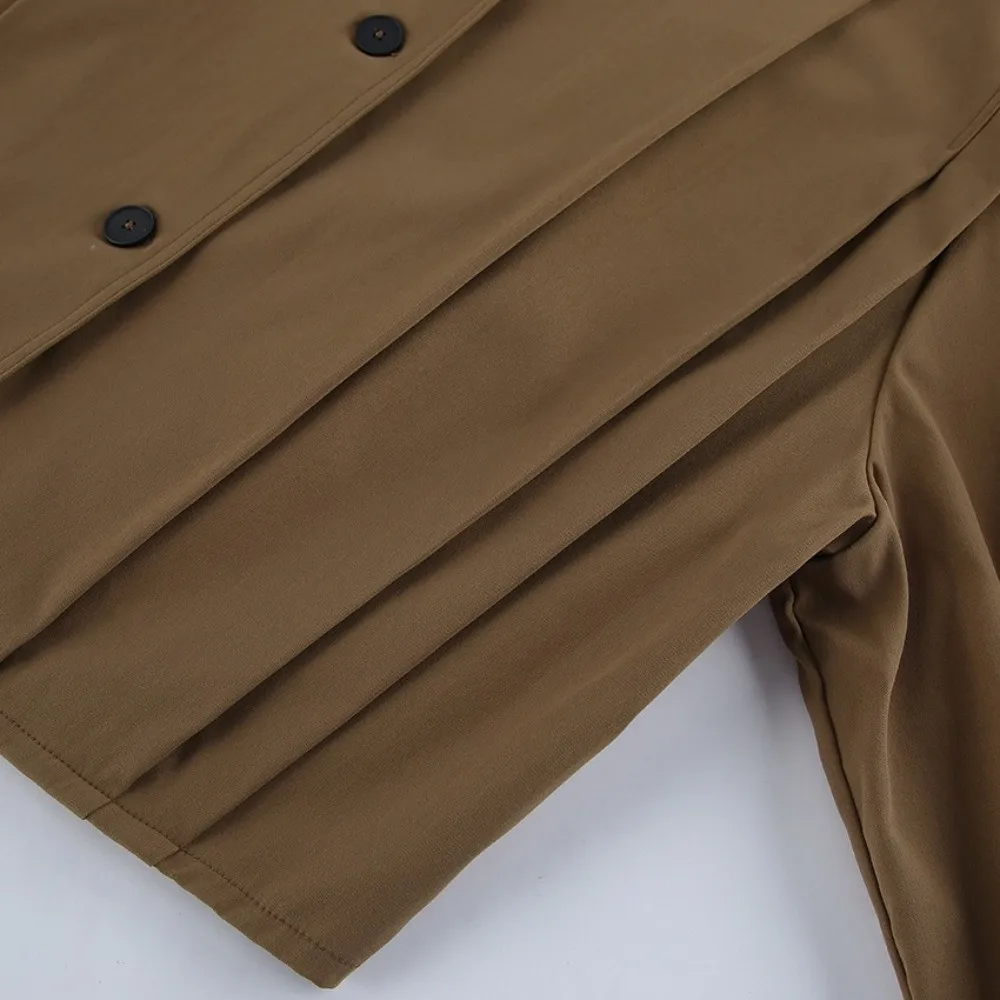 Khaki Women Cropped Trench Jacket Cropped Length Loose Fit Cropped Windbreaker Strap Cuff Lapel Collar Women Lapel Jacket