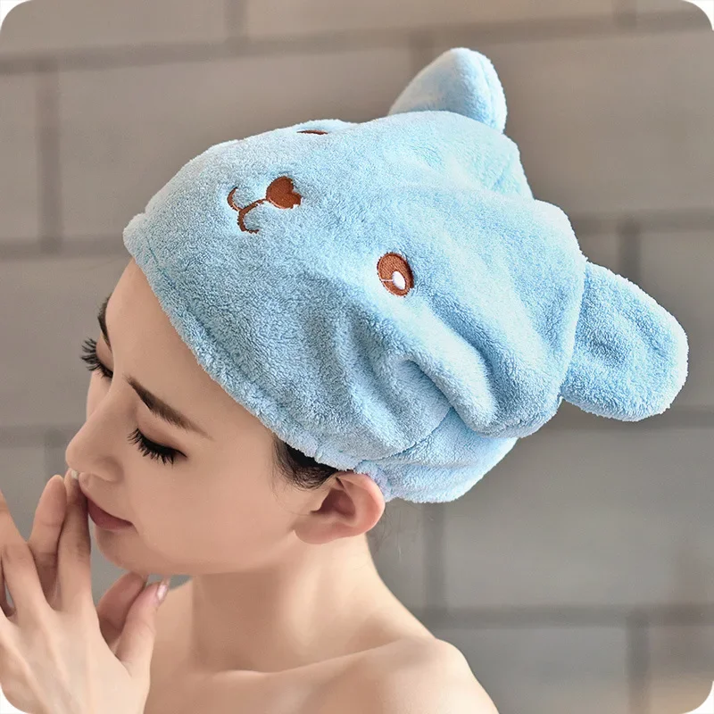 قبعة منشفة نسائية من الألياف الدقيقة السميكة الماصة سريعة الجفاف مع تطريز الدب اللطيف للاستحمام والحمام #3