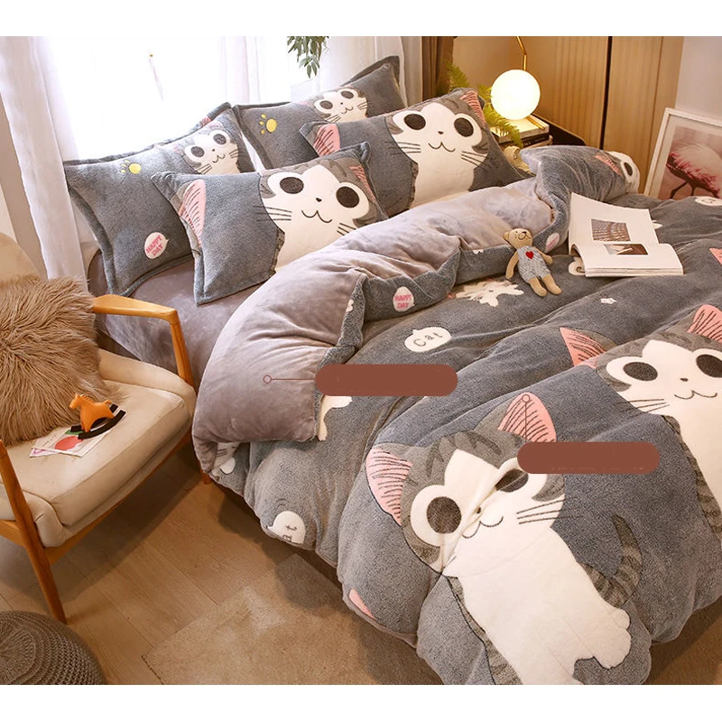 WOSTAR Winter warm velvet duvet cover 3D cartoon cat animal printed 220x240cm flannel quilt cover luxury double bed bedding set