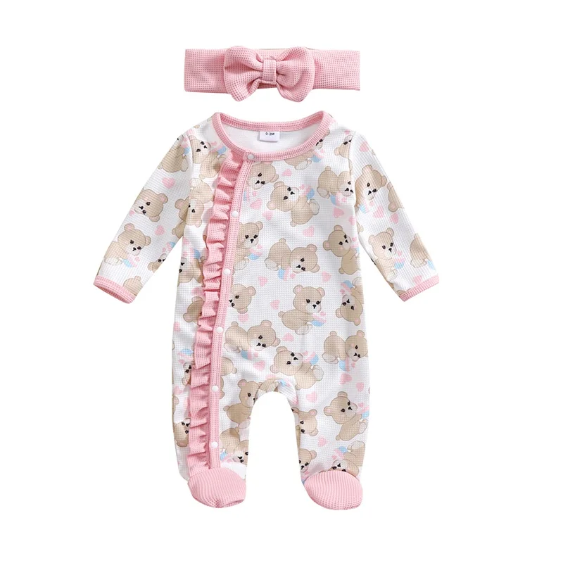 VISgogo Baby Girls Outfit Long Sleeve Crew Neck Bear Print Footies Jumpsuit and Headband Spring Fall Clothes