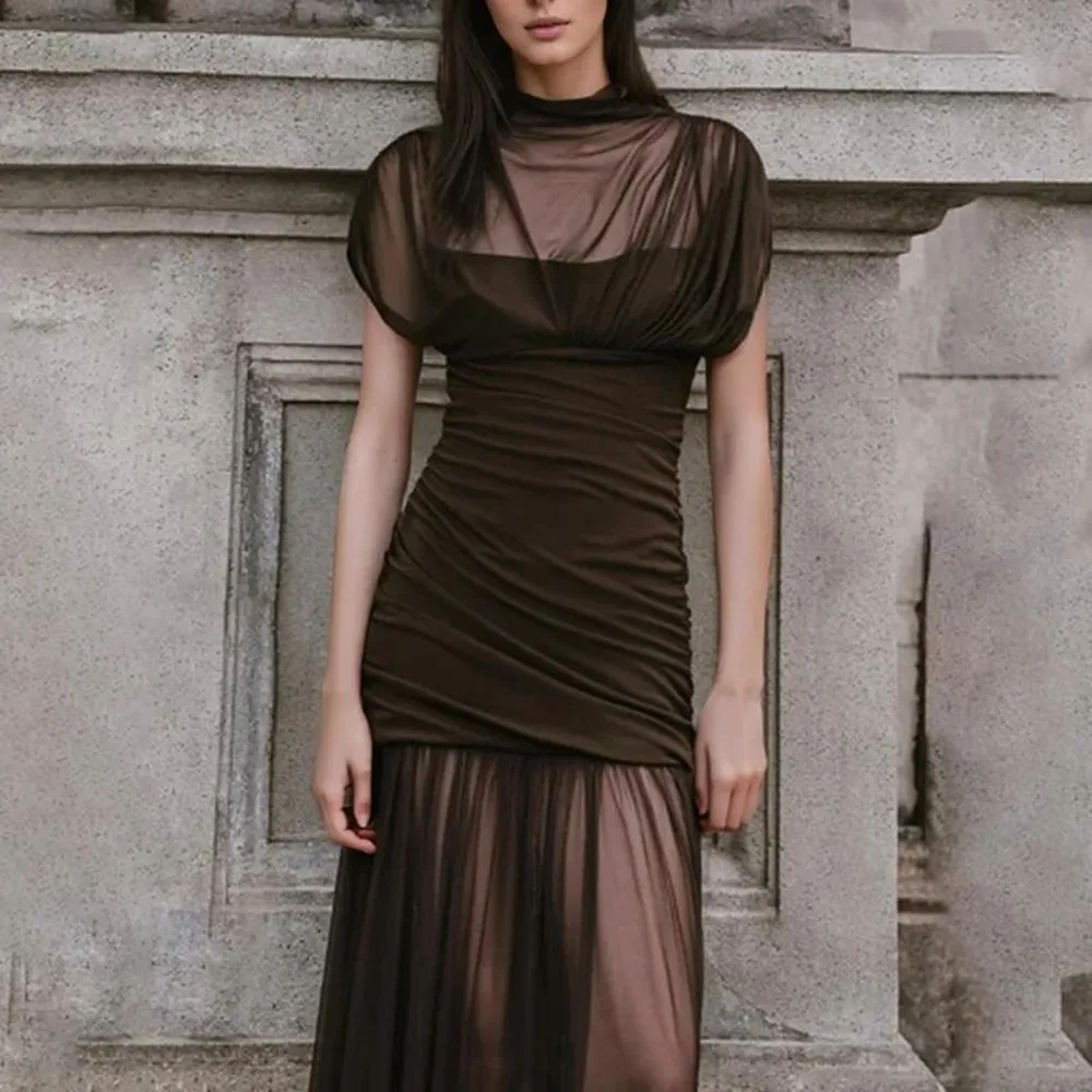 Neues 2025, sexy durchsichtiges langes Kleid für Frauen, Netznähte, Stehkragen, modisches Partykleid, figurbetonte Maxikleider für Damen