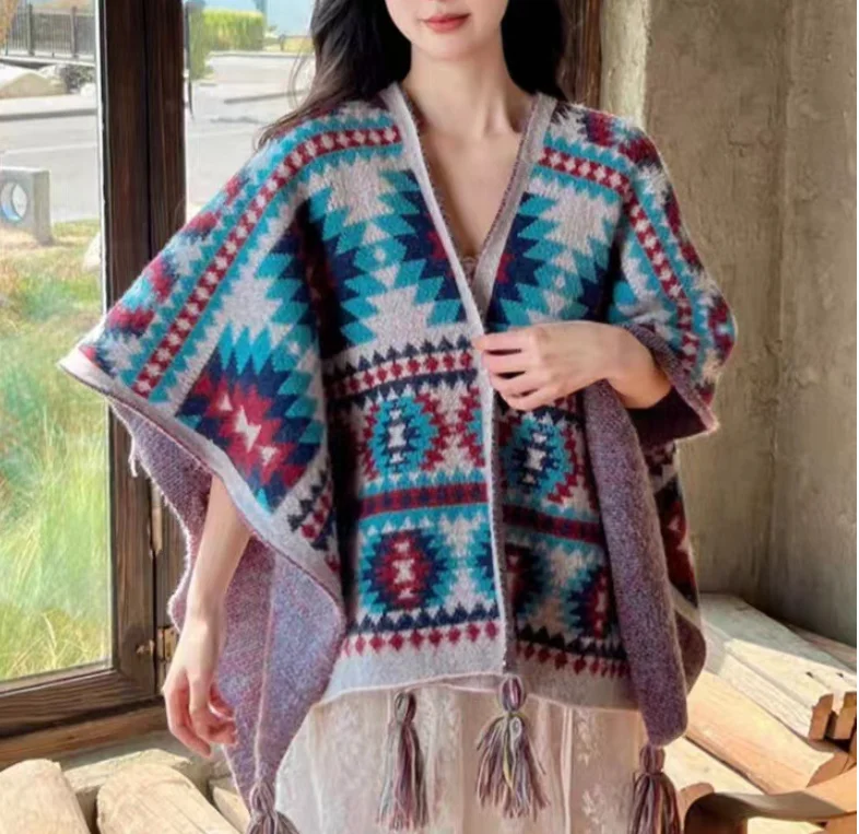 Cloak Poncho Capes Tourism shawl autumn and winter ethnic style knitted cape new style external scarf split shawl