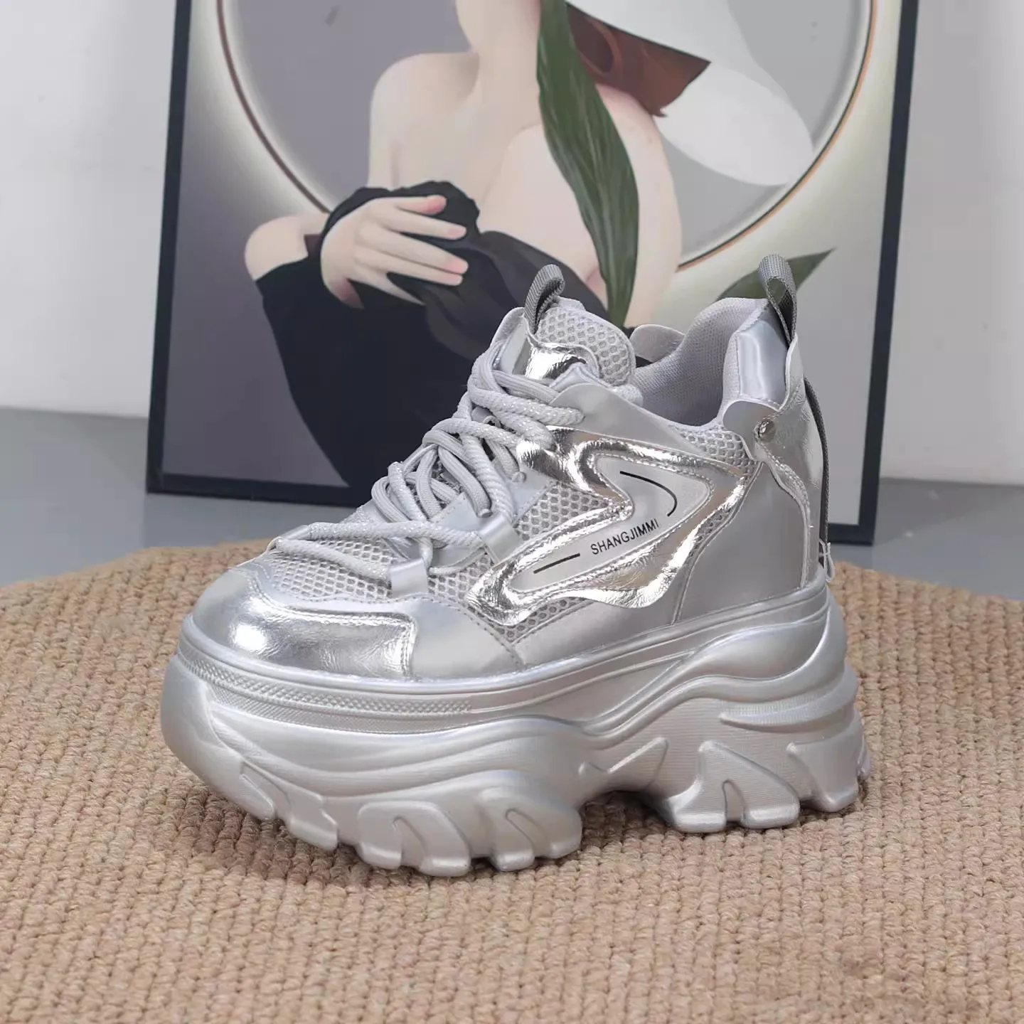 10CM 12CM Genuine Leather Chunky Sneakers for Women Fashion Sneakers Walking Shoes Platform Heel Sneakers Women Casual Shoes