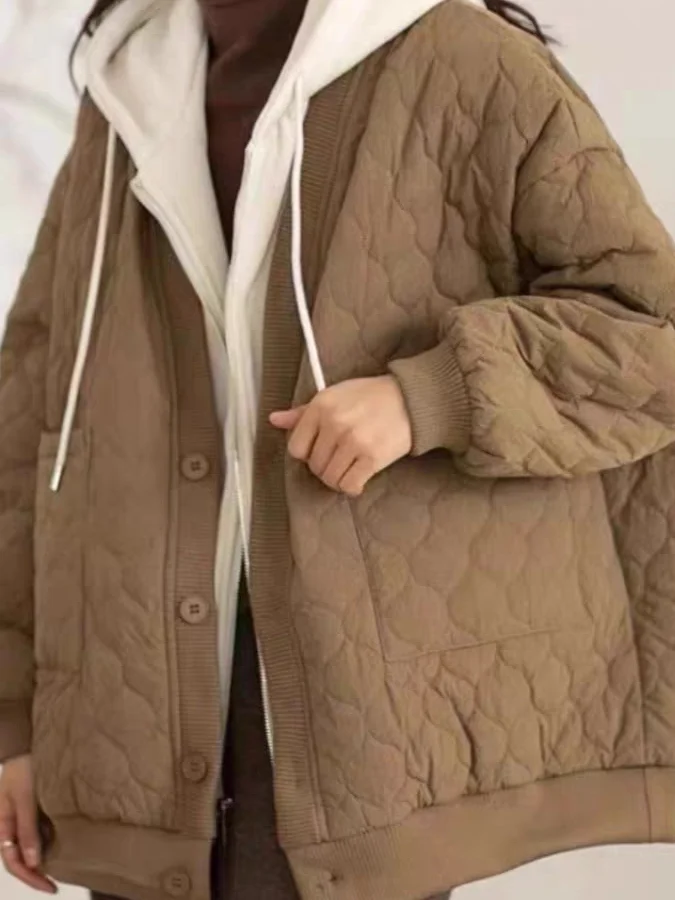 

Winter Thiened Large Size Loose Diamond Patterned Hooded Splicing Cotton Jaet Korean Sle Long Sve V-Ne Single Button