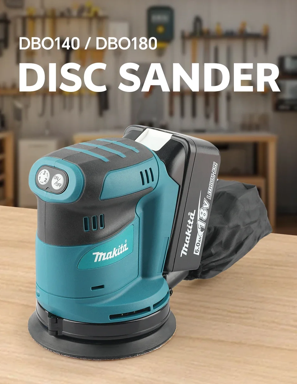 Cordless random orbit sander front view