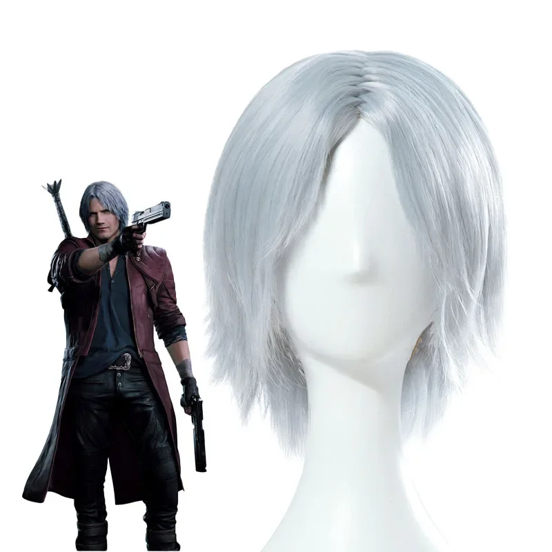 Perruque de Cosplay pour Homme Cool, Accessoire de Synthèse de Cheveux Gris pour Halloween, DMC Dante