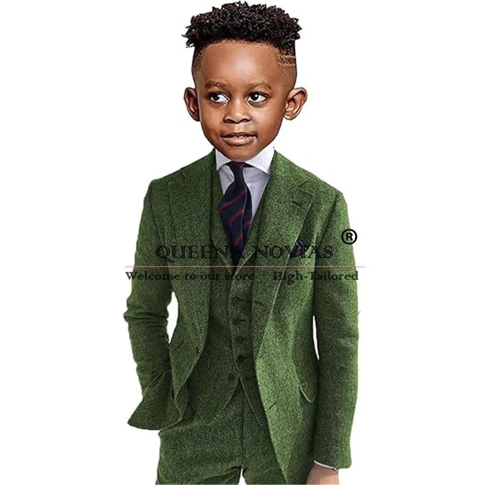 Pakaian anak laki-laki, jas tuksedo pernikahan elegan, jaket wol Herringbone Tweed, celana rompi, pakaian pesta anak-anak 3 potong, Blazer Prom anak-anak