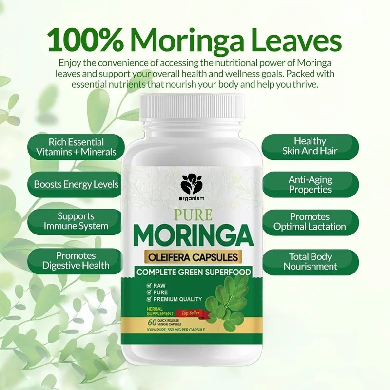 Moringa Capsules -60 capsules 3X high-efficiency antioxidant 100% pure Moringa leaf powder for metabolism and lactation support