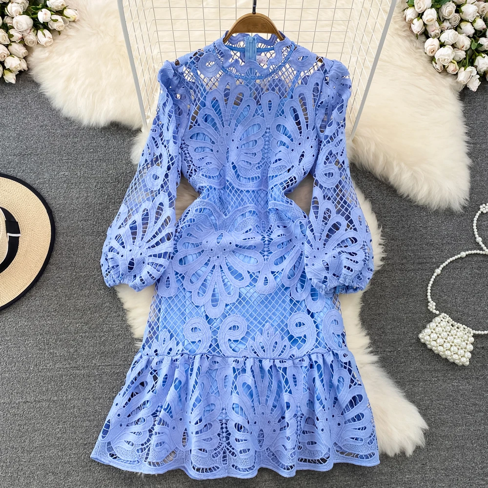 Runway Two Piece Dress Suits Women Sexy Hollow Out Lace Blouses Long Sleeve + Maxi Long Skirts Sets Summer Autumn Outfits