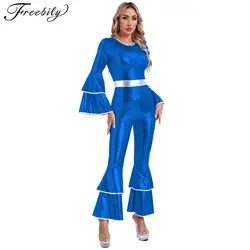 Womens 60-70s Disco Costume Hippie Outfits Halloween Makeup Party Hip-hop Dance Performance Costumes Shiny Metallic Bodysuit