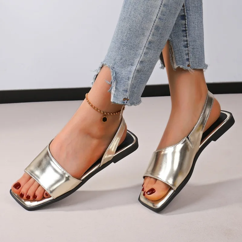 Sandal Wanita Ujung Persegi Perak Sandal Wanita Kulit Pu Ringkas Sepatu Kasual Fashion Musim Panas Baru Sandalias Datar Slip On Wanita
