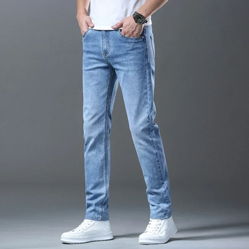 2024 Summer Men's Thin Blue Slim Fit Jeans Classic Style Business Straight Elastic Denim Pants