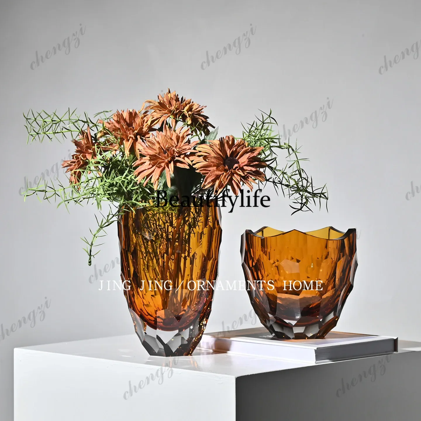M45 Light luxury amber faceted glass flower ware flower living room high-end decorative ornament